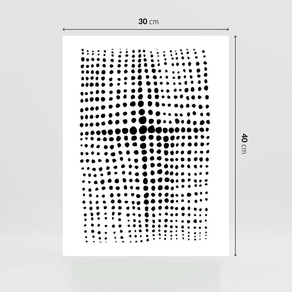 Plakat bez ramy 30x40 - Refleksje Monochromatycznych Widoków - abstrakcyjna kompozycja z czarnych kropek, minimalistyczny czarno bialy plakat