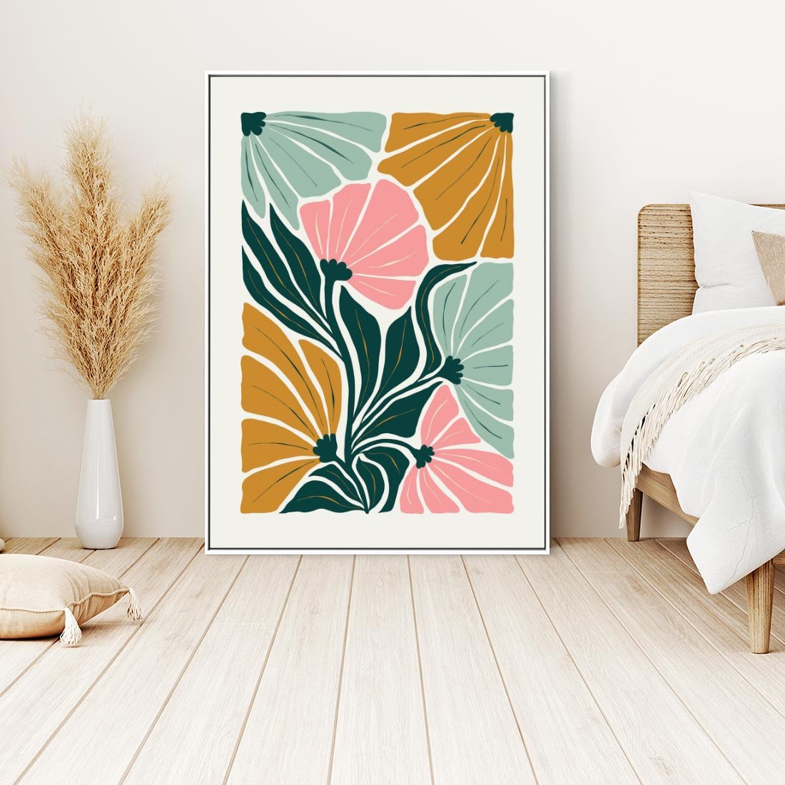 Obraz w ramie 70x100 - Rozplątane Myśli - abstrakcyjna kompozycja, pastelowe kwiaty - rama biała