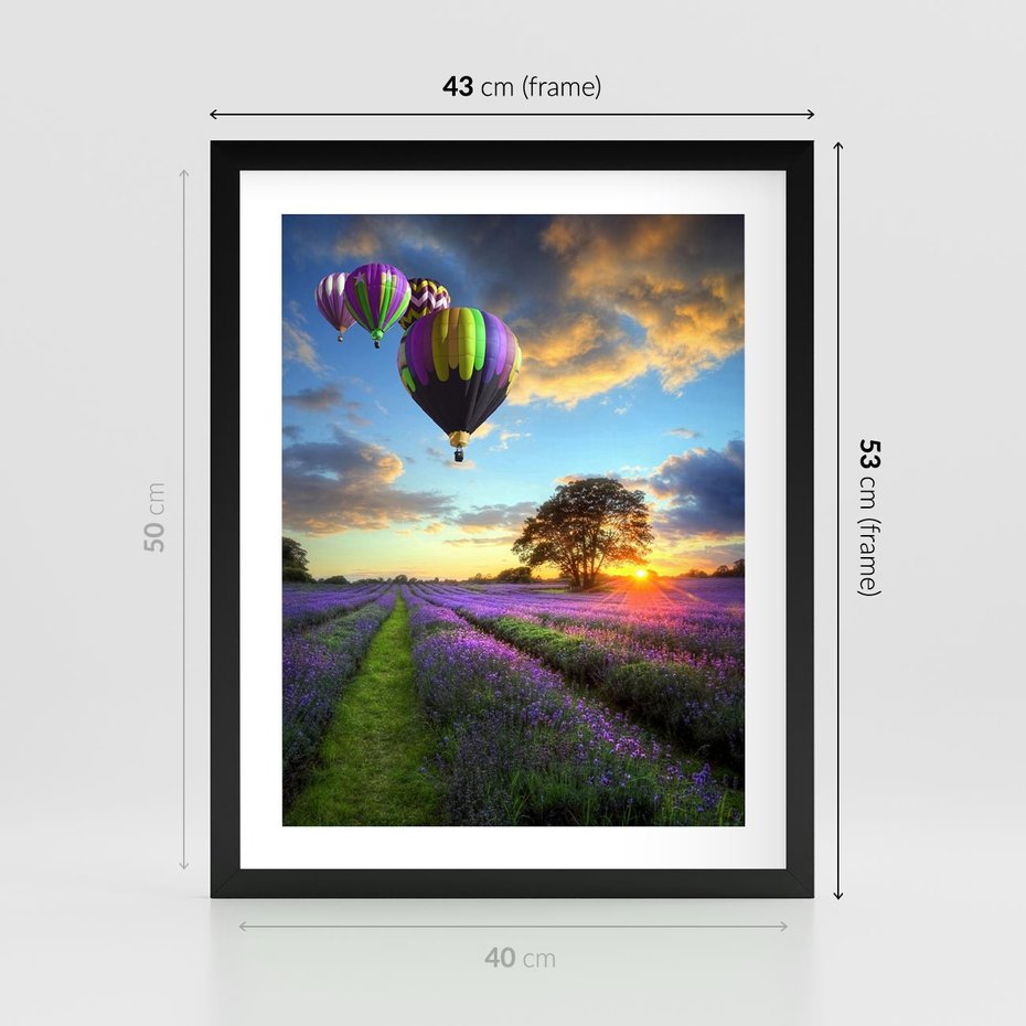 Plakat w ramie 40x50 - Lawendowe Marzenia - lawenda, balony - rama czarna