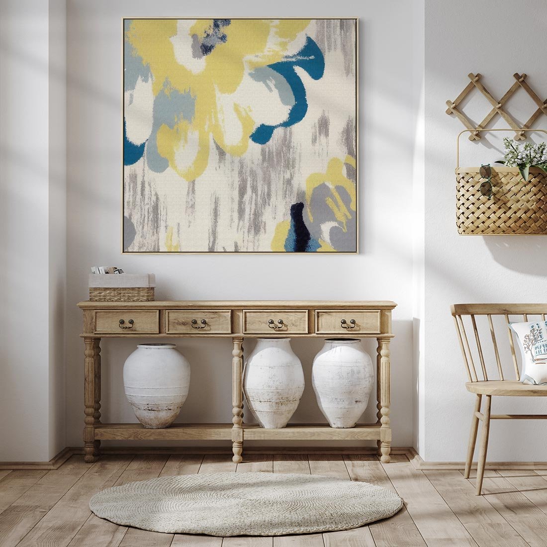 Obraz w ramie 50x50 - Kwiatowe Impresje - malowane duże kwiaty, kolory żółty - rama drewno