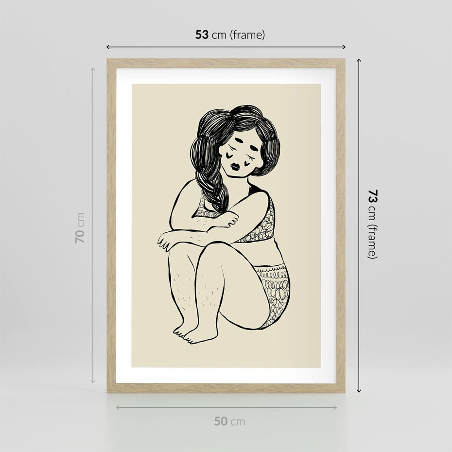 Plakat w ramie 50x70 - Migotliwe Refleksje - nowoczesny minimalistyczny rysunek, dziewczyna w bieliźnie - rama drewno