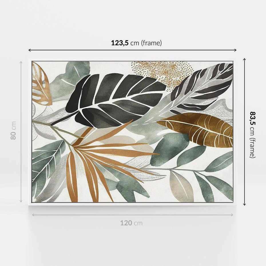 Obraz w ramie 120x80 - Współbrzmienie wewnętrznego ja - kompozycja z tropikalnych liści, stonowane kolory - rama biała
