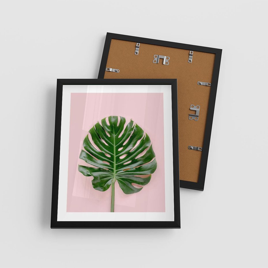 Plakat w ramie 40x50 - Monstera w Różowym Świetle - liść monstery, różowe tło - rama czarna