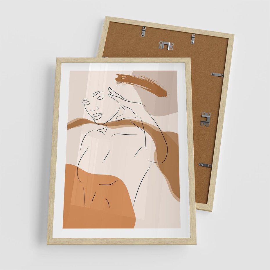 Plakat w ramie 50x70 - Sztuka Piękna w Beżach i Brązach - szkic jedną linią, naga kobieta - rama drewno