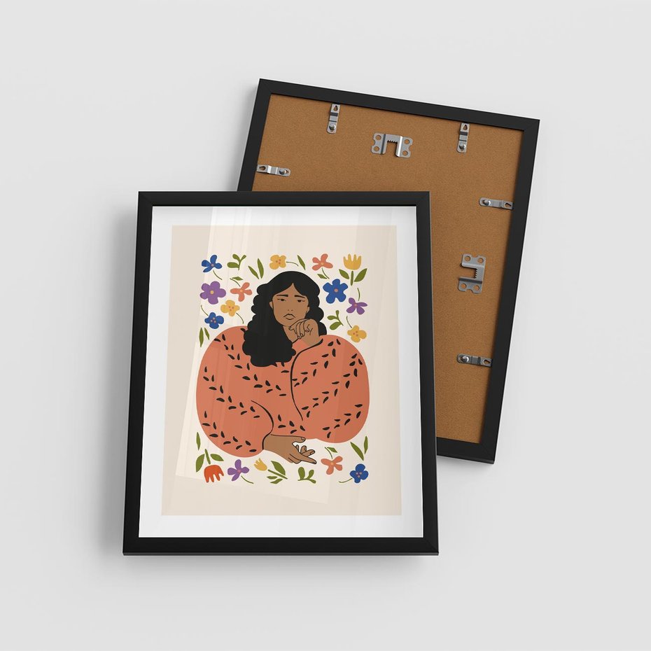 Plakat w ramie 40x50 - Rozplątane Emocje - nowoczesny plakat, kobieta otoczona kwiatami - rama czarna