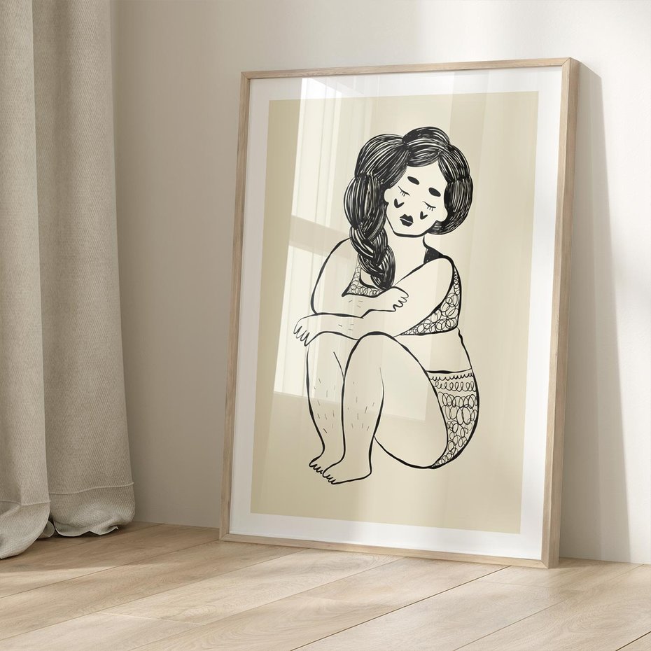 Plakat w ramie 50x70 - Migotliwe Refleksje - nowoczesny minimalistyczny rysunek, dziewczyna w bieliźnie - rama drewno