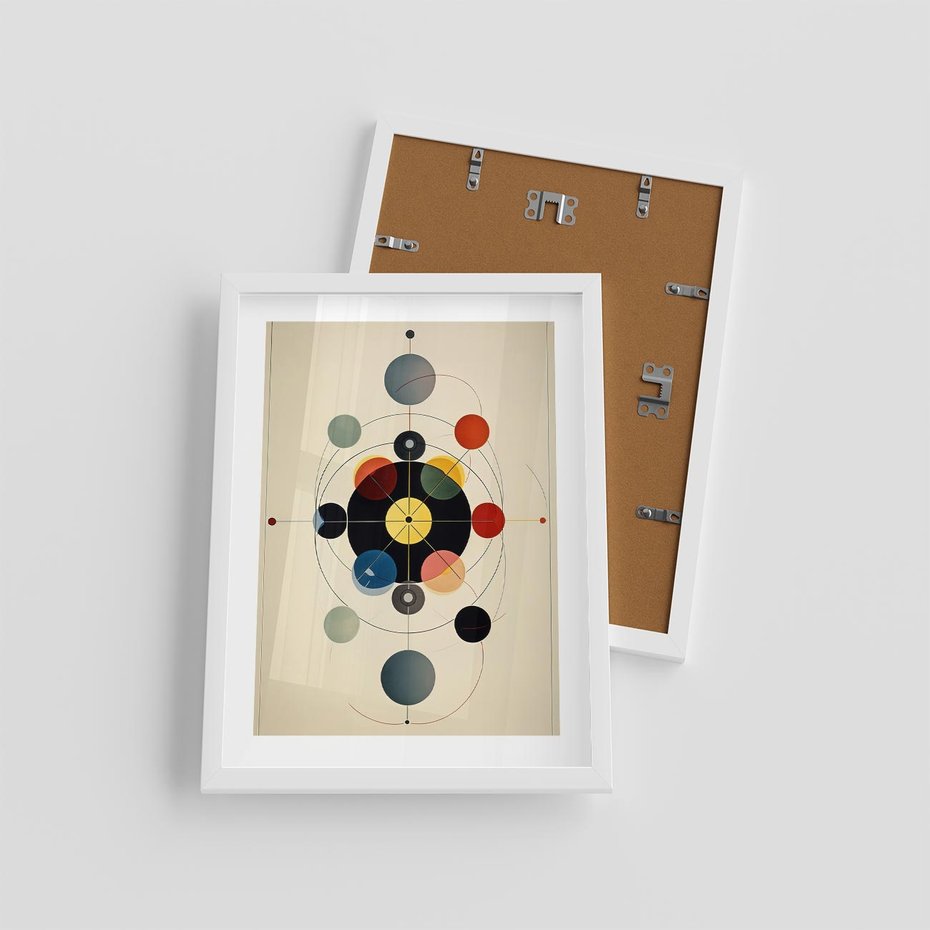 Plakat w ramie 30x40 - Bezgraniczny Taniec Światła - abstrakcyjna geometryczna kompozycja, koła linie - rama biała