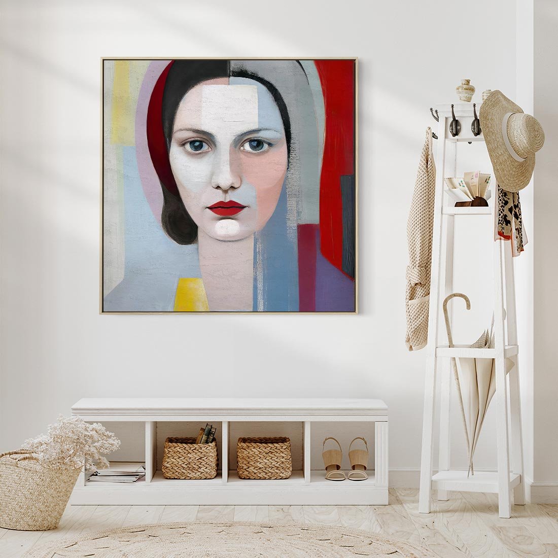 Obraz w ramie 50x50 - Kolorowe Granice Form - abstrakcyjny obraz olejny, portret twarzy kobiety - rama drewno
