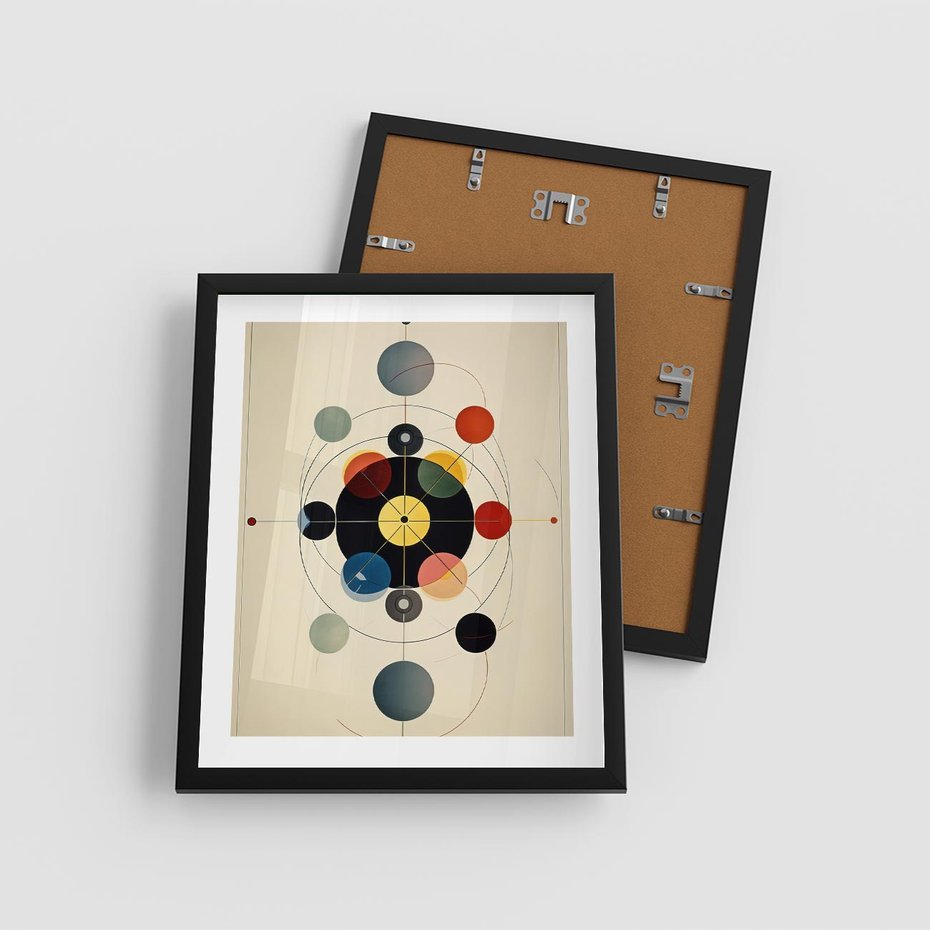 Plakat w ramie 40x50 - Bezgraniczny Taniec Światła - abstrakcyjna geometryczna kompozycja, koła linie - rama czarna