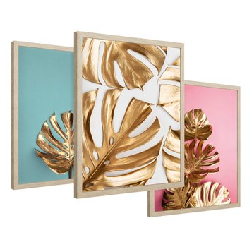 Zestaw obrazy w ramie 50x70 galeria - Złota, monstera, pastele - rama drewno