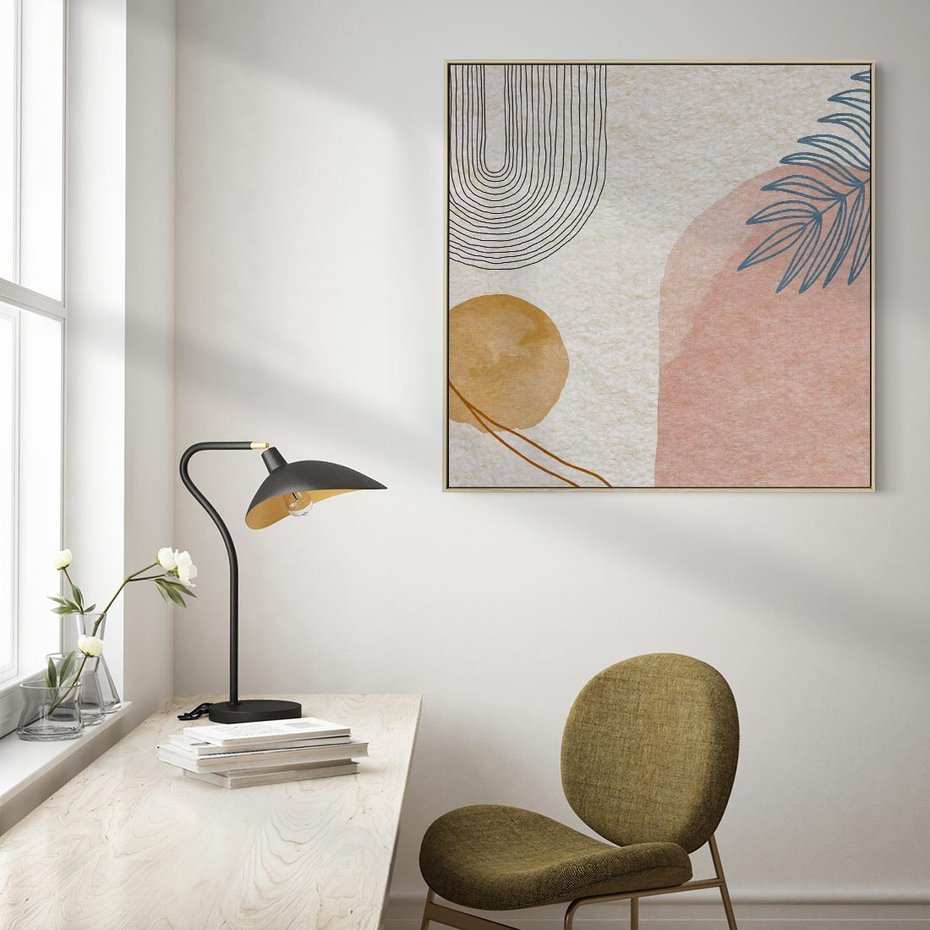 Obraz w ramie 80x80 - Liście i Geometrie - nowoczesny, akwarelowe plamy - rama drewno