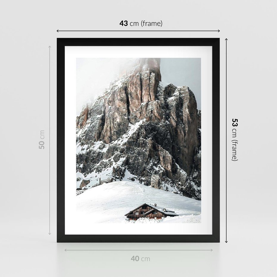 Plakat w ramie 40x50 - Górski Raj z Chatką - górskie szczyty, ośnieżone góry - rama czarna