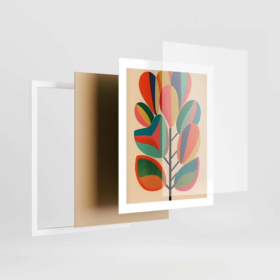 Plakat w ramie 40x50 - Wnętrza Kształtów - abstrakcyjny kolorowy tęczowy obraz, inspiracje roślinne - rama biała