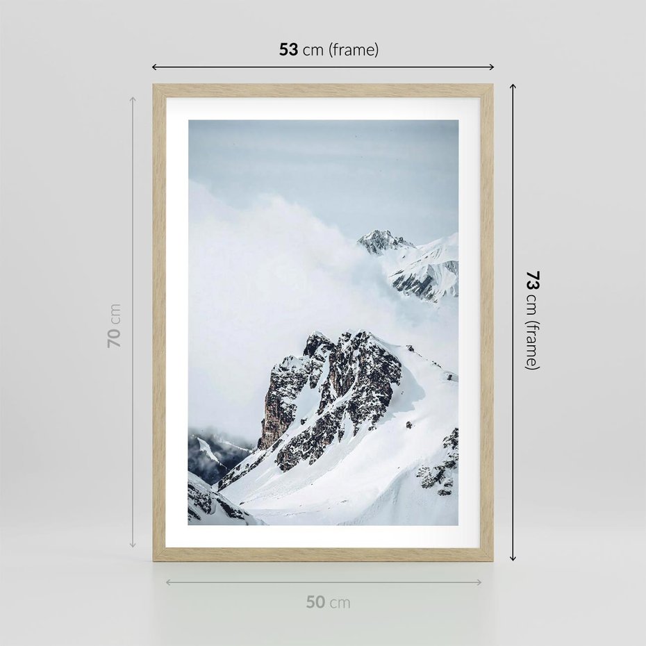 Plakat w ramie 50x70 - Górski Majestat - górskie szczyty pod śniegiem, górski krajobraz - rama drewno