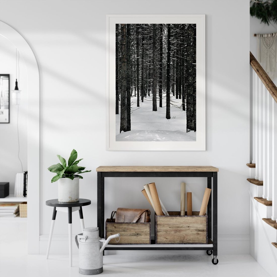 Plakat w ramie 30x40 - Zimowe Drzewa: Śnieg na Pniach - drzew w zimi, pnie drzew - rama biała