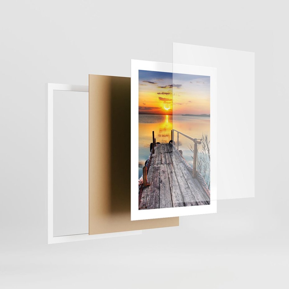 Plakat w ramie 30x40 - Zachód nad jeziorem z pomostem - pomost, jezioro - rama biała