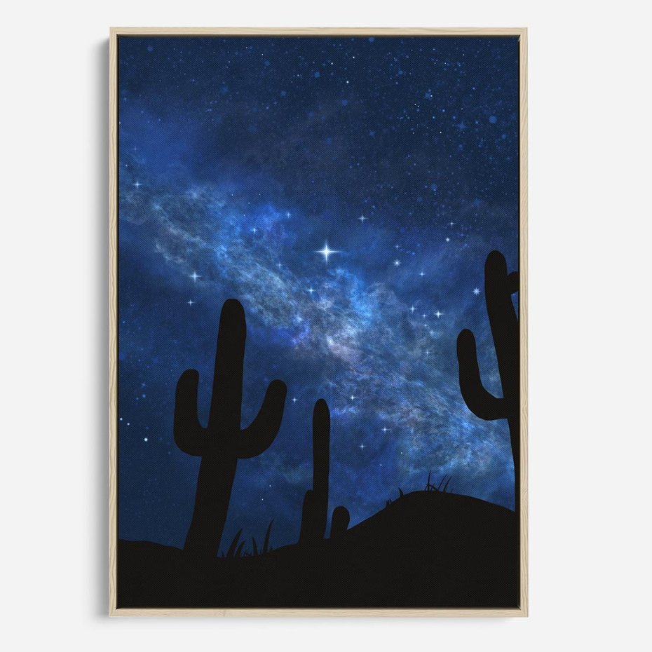 Obraz w ramie 80x120 - Nocne Tajemnice Pustyni - gwieździsta noc, granatowe niebo - rama drewno