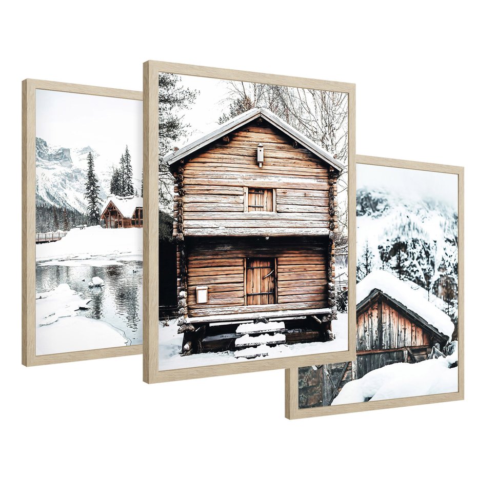 Zestaw obrazy w ramie 50x70 galeria - Zimowa, chatka, w, górach - rama drewno