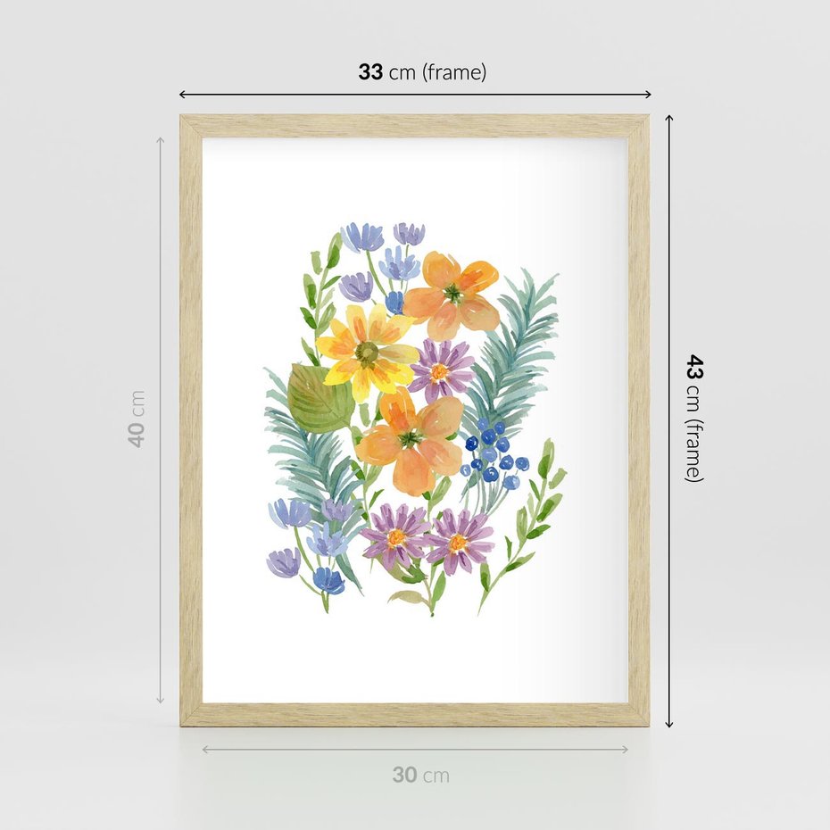 Plakat w ramie 30x40 - Migocące Widoki Kwiatów - akwarelowe polne kwiaty, minimalistyczny plakat - rama drewno