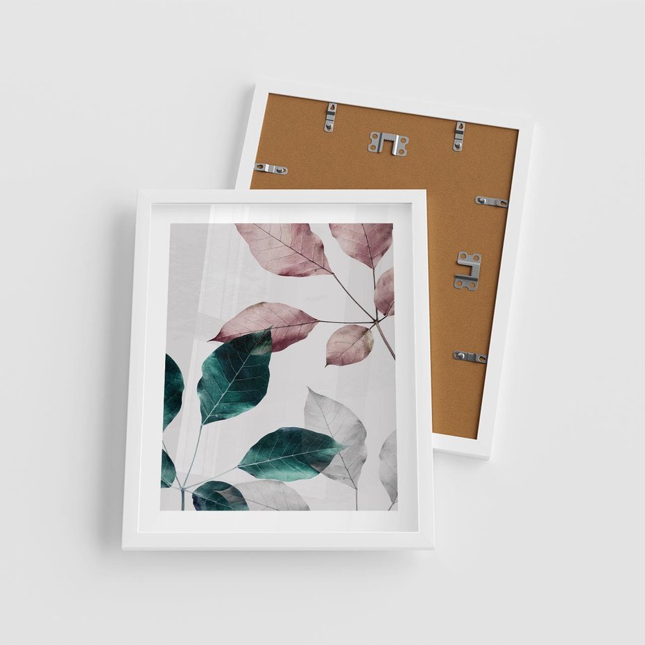 Plakat w ramie 40x50 - Pastelowe Liście w Minimalizmie - pastelowe liście, minimalistyczny obraz - rama biała