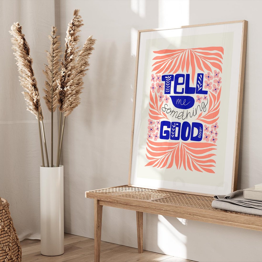 Plakat w ramie 50x70 - Bezgraniczne Formy - nowoczesna typografia, liście - rama drewno