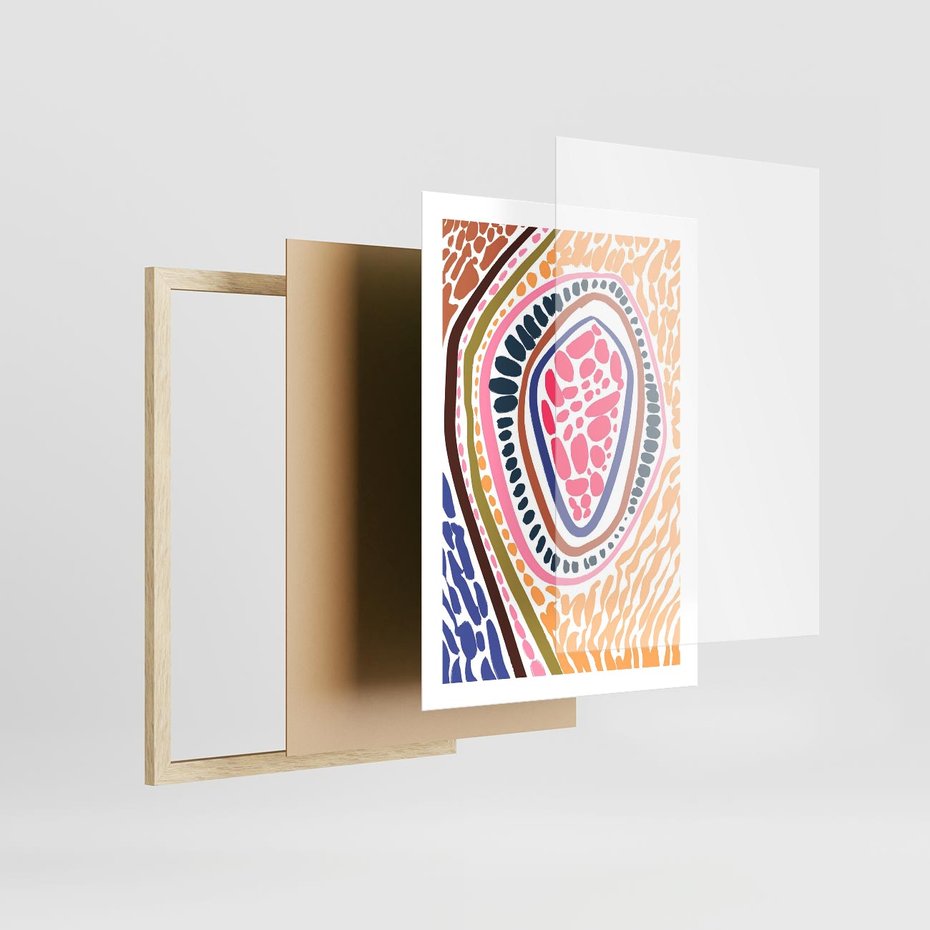 Plakat w ramie 50x70 - Rozchlapane Wizje - kolorowe wzory, tęczowe żywe kolory - rama drewno