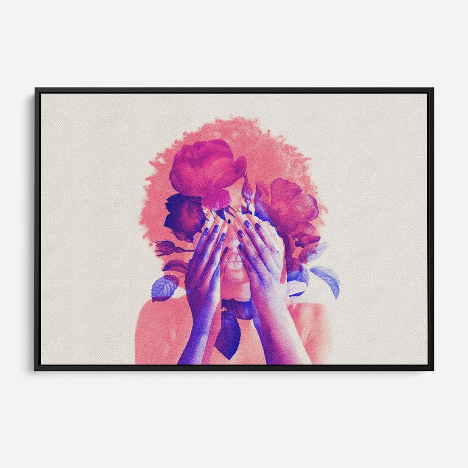 Obraz w ramie 70x50 - Kwiaty we Włosach - różowa postać, grafika - rama czarna