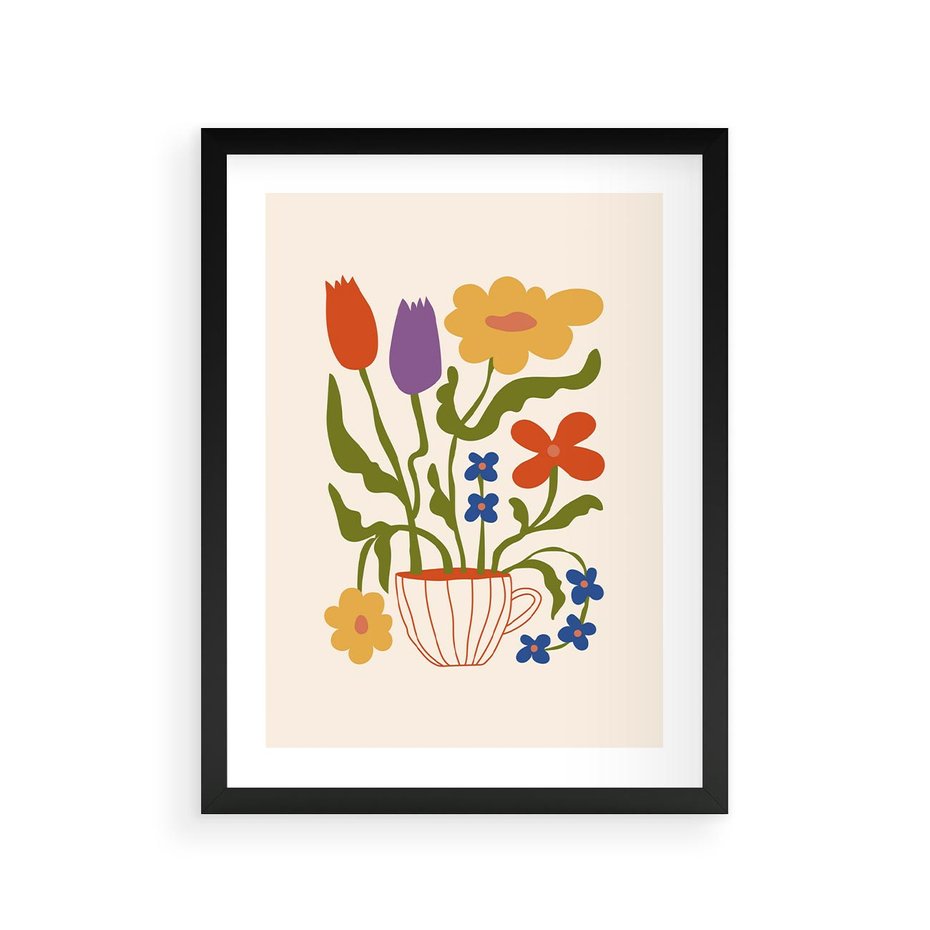 Plakat w ramie 30x40 - Kolorowe Granice - kwiaty w filizance, abstrakcja - rama czarna