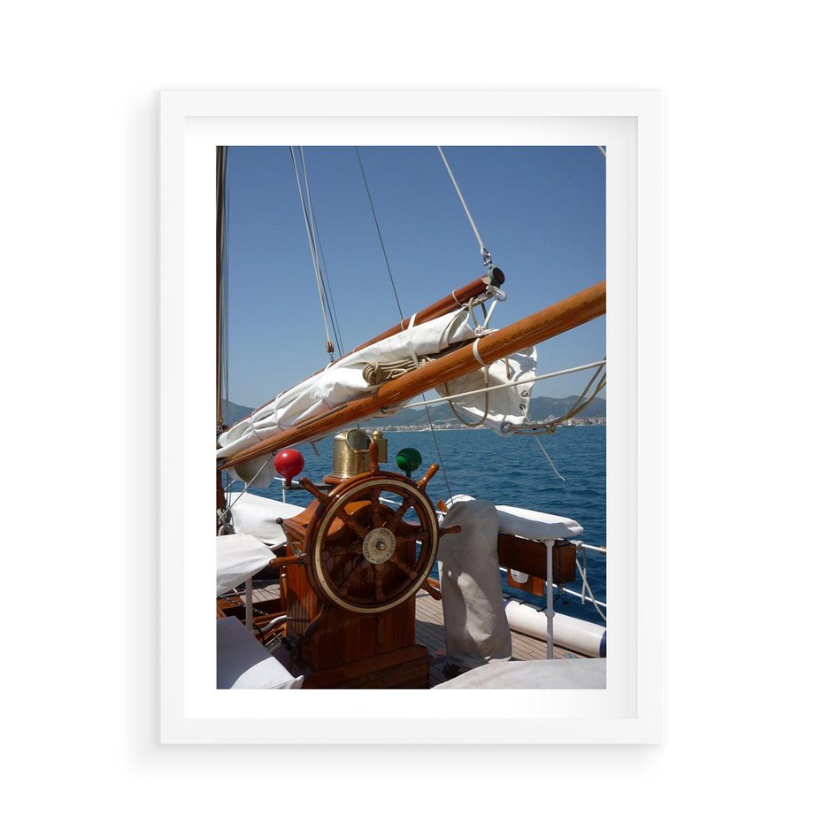 Plakat w ramie 50x70 - Podróż Morska - statek, ster - rama biała