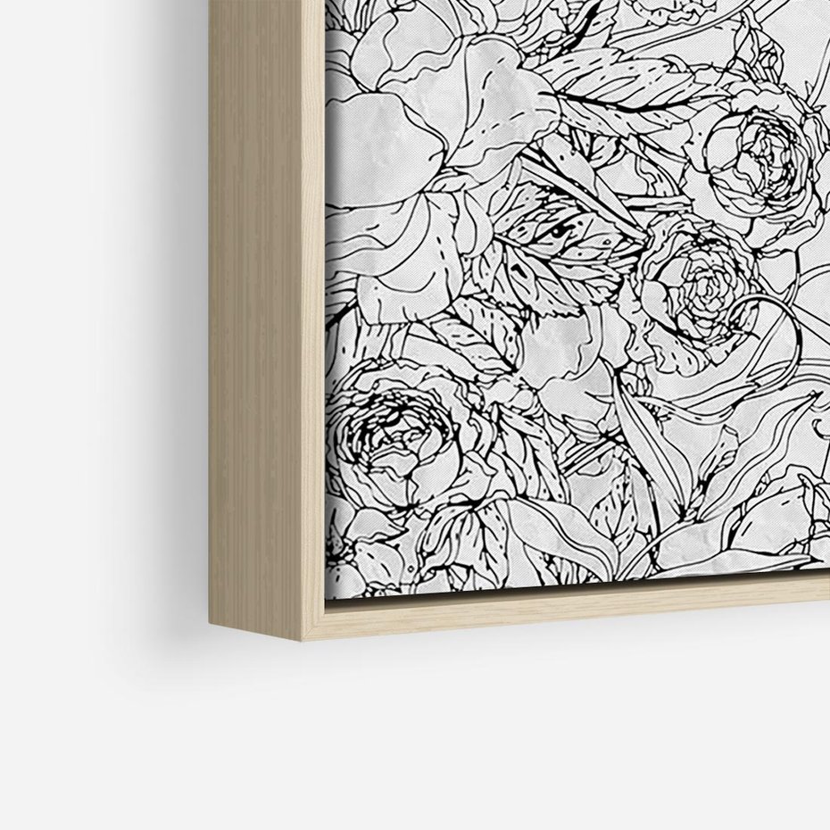 Obraz w ramie 50x50 - Refleksje w martwym punkcie - graficzny szkic, kompozycja kwiatów - rama drewno