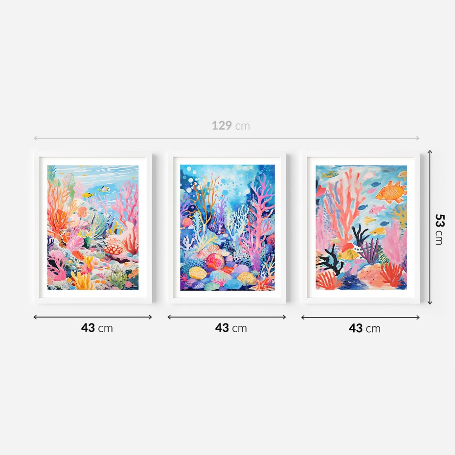 Zestaw obrazy w ramie 40x50 galeria - morze, rybki, akwarela, rafa, koralowa - rama biała