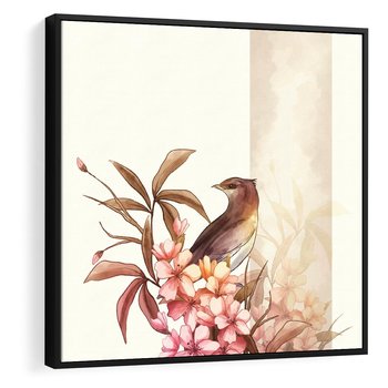 Obraz w ramie 50x50 - Kwiatowe Zanurzenie - japońska sztuka, ptak - rama czarna