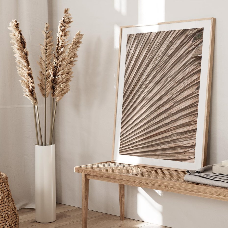 Plakat w ramie 30x40 - Liść Palmy w Wyjątkowej Kompozycji - suchy liść palmy, boho styl - rama drewno