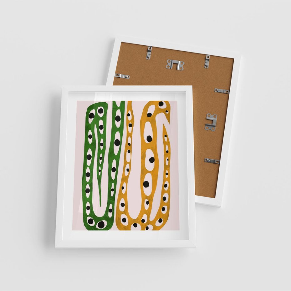 Plakat w ramie 40x50 - Migocące Zmaganie - abstrakcyjny obraz, dziwne kształty - rama biała