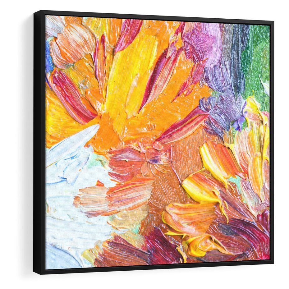 Obraz w ramie 50x50 - Kwiatowe Harmonie - zbliżenie na obraz olejny, gruba warstwa farby - rama czarna