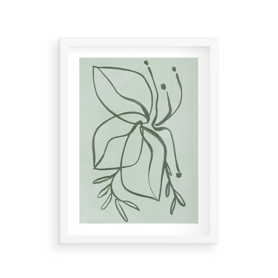 Plakat w ramie 30x40 - Energetyczne Odrodzenie Natury - abstrakcyjne delikatne zielone linie, podobne do gałęzi kwiatów - rama biała