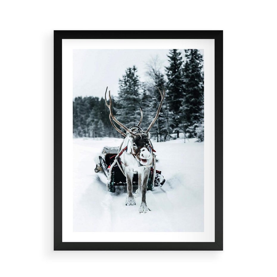 Plakat w ramie 50x70 - Świąteczna Przygoda - renifer, śnieg - rama czarna