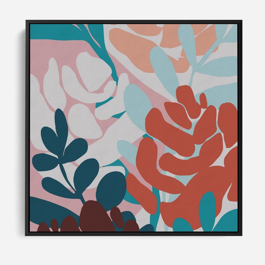 Obraz w ramie 50x50 - Impresje Kształtów - abstrakcyjna kompozycja kwiatowych form, kolor zgaszone - rama czarna