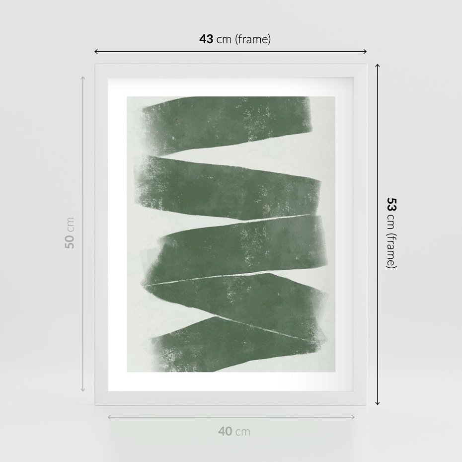 Plakat w ramie 40x50 - Zielone Refleksje - abstrakcja, zgaszony zielony kolor - rama biała