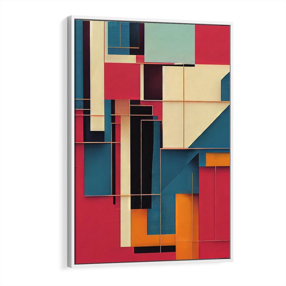 Obraz w ramie 70x100 - Przejście przez labirynt myśli - kolorowa abstrakcja, instalacja z prostokątów i lini - rama biała