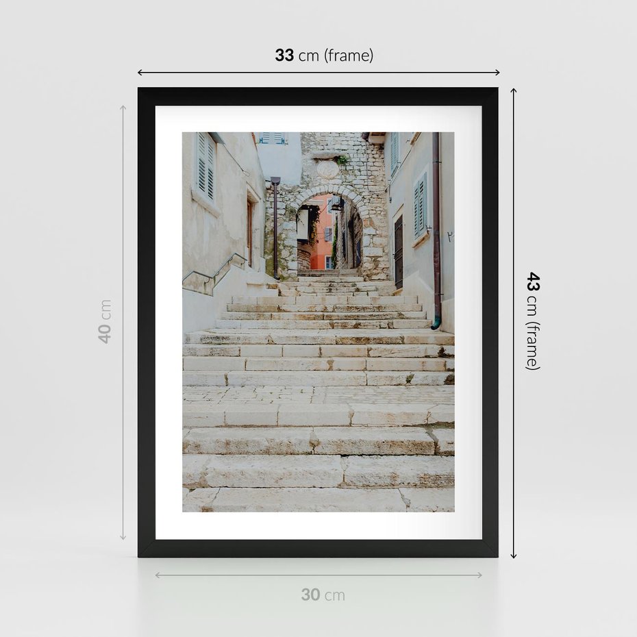 Plakat w ramie 30x40 - Schody we Włoskim Miasteczku - schody, śródziemnomorskie miasteczko - rama czarna