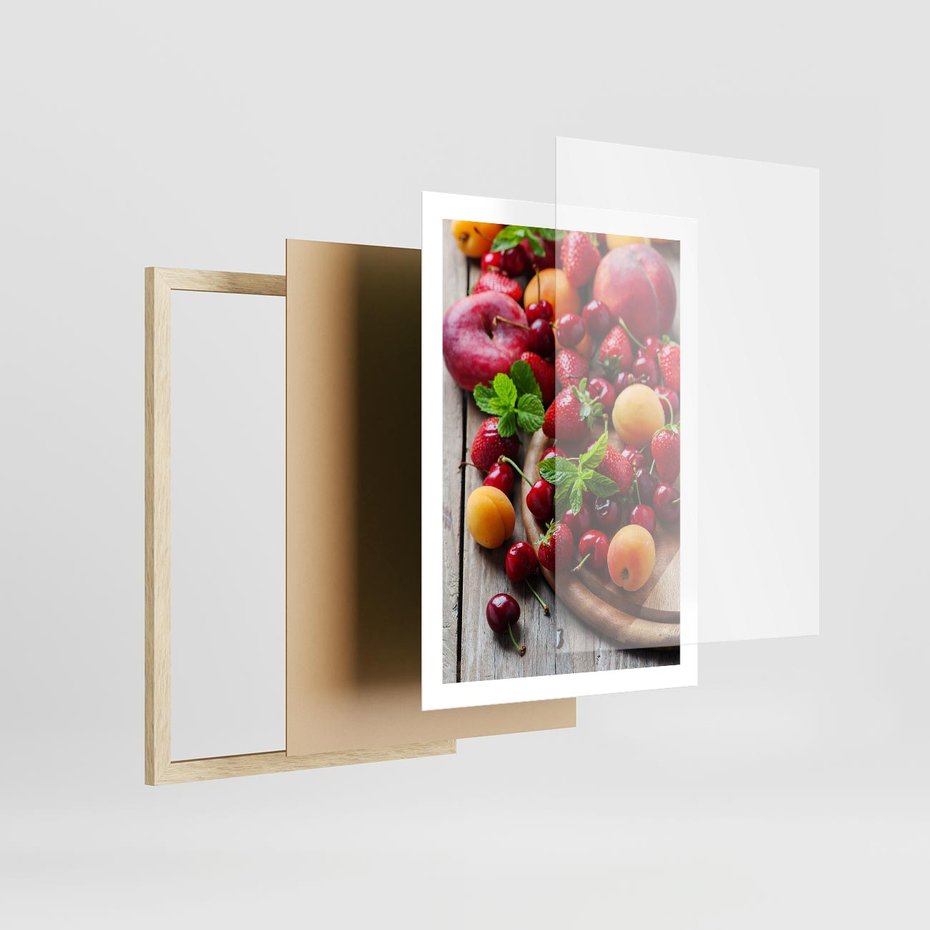 Plakat w ramie 50x70 - Owoce w restauracji artystycznie - owoce, restauracja - rama drewno