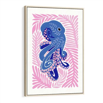 Obraz w ramie 70x100 - Rozkwitające marzenia - abstrakcyjna kompozycja, niebieska ośmiornica wśród różowej roślinnośći - rama drewno