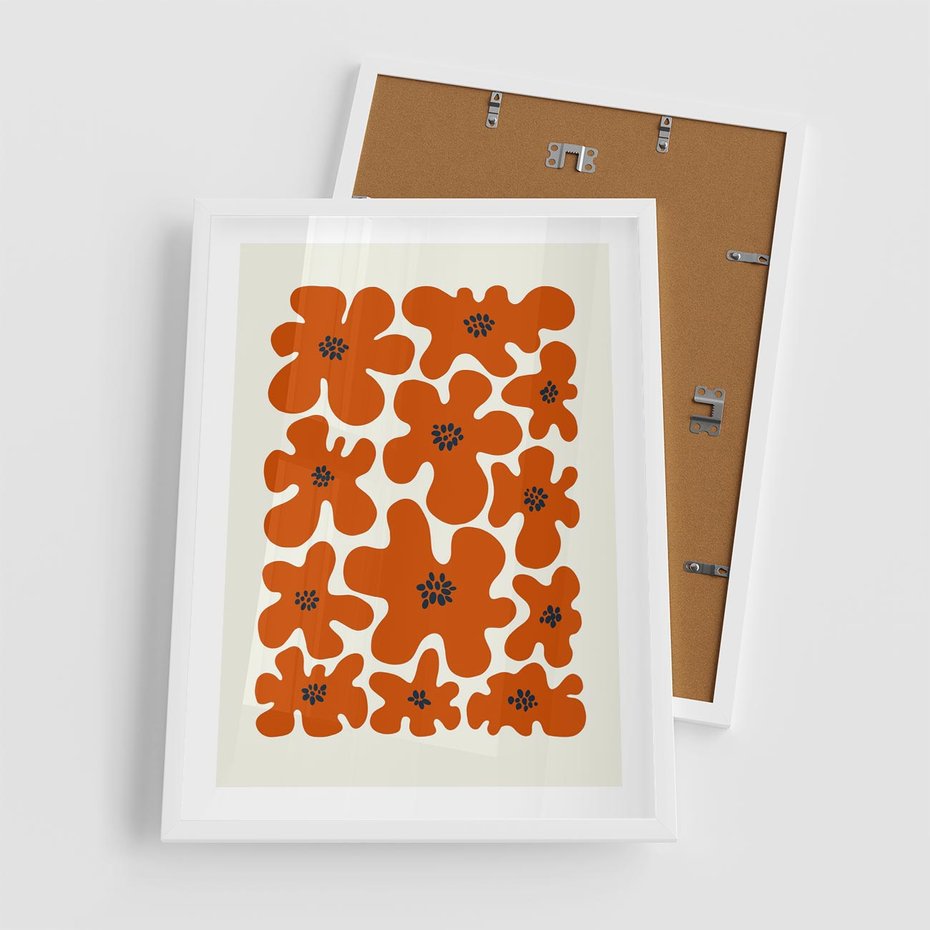 Plakat w ramie 50x70 - Wibracje Przestrzeni - abstrakcyjne czerwone kwiaty, kompozycja - rama biała