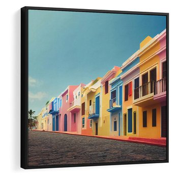 Obraz w ramie 50x50 - Ekspresja marzeń i tęsknot - pastelowe kolorowe budynki, wzdłuż ulicy - rama czarna