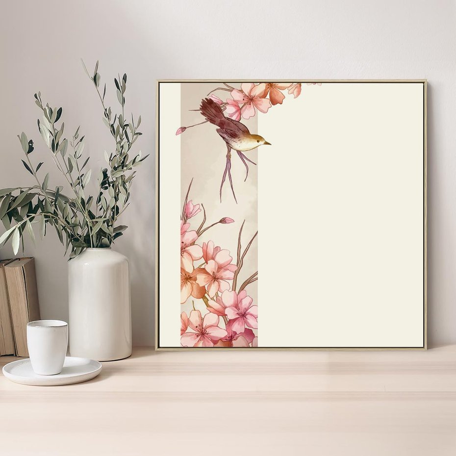 Obraz w ramie 50x50 - Rozkwitające Marzenia - japońska sztuka, ptak - rama drewno