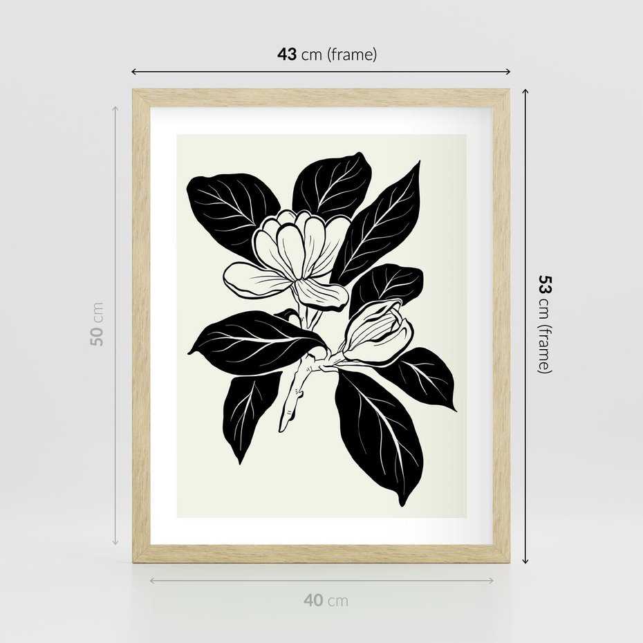 Plakat w ramie 40x50 - Spojrzenie w kształty kwiatów - kwiaty magnolii, minimalizm - rama drewno