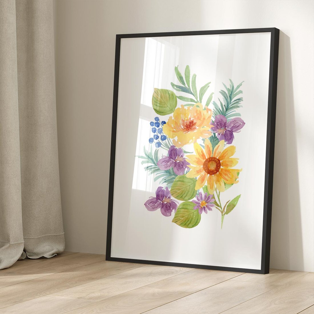 Plakat w ramie 40x50 - Kwiatowe Inspiracje - akwarelowe polne kwiaty, minimalistyczny plakat - rama czarna