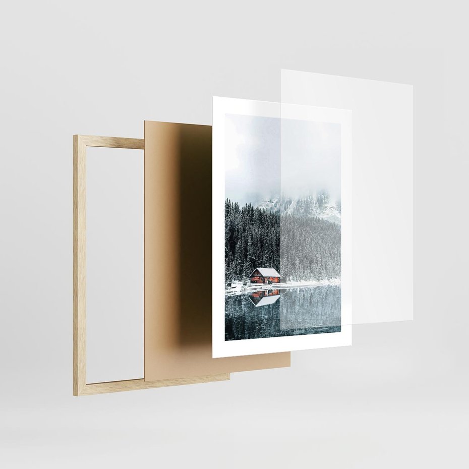 Plakat w ramie 30x40 - Biały Domek - domek w górach, zima - rama drewno