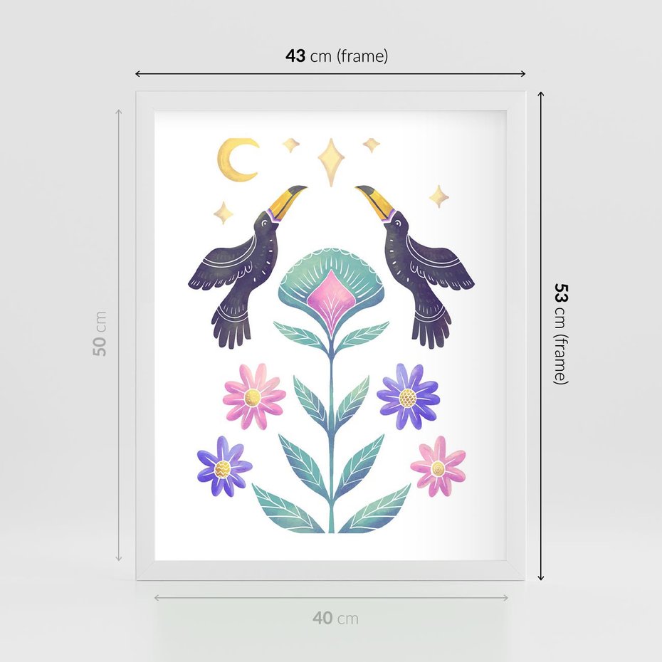 Plakat w ramie 40x50 - Przenikająca Dżungla - boho plakat, tukany - rama biała